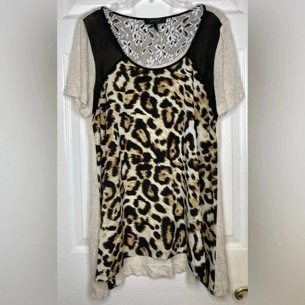 Woman POEME by CITRON tan Black Leopard Print S/s Flowy Shirt Top Sz Large EUC